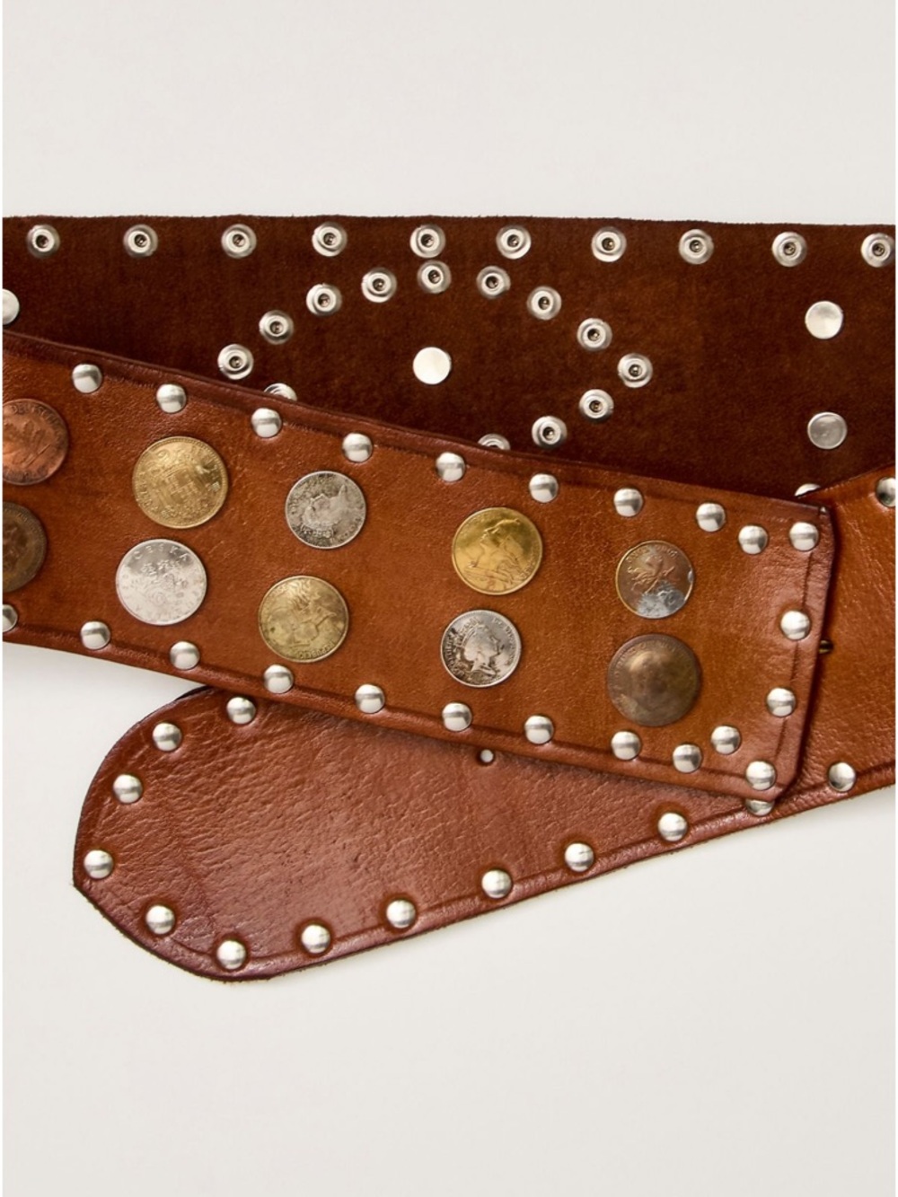 Studded Brown Leather Waist Belt with Metal Coin Accents - Picture 5 of 6